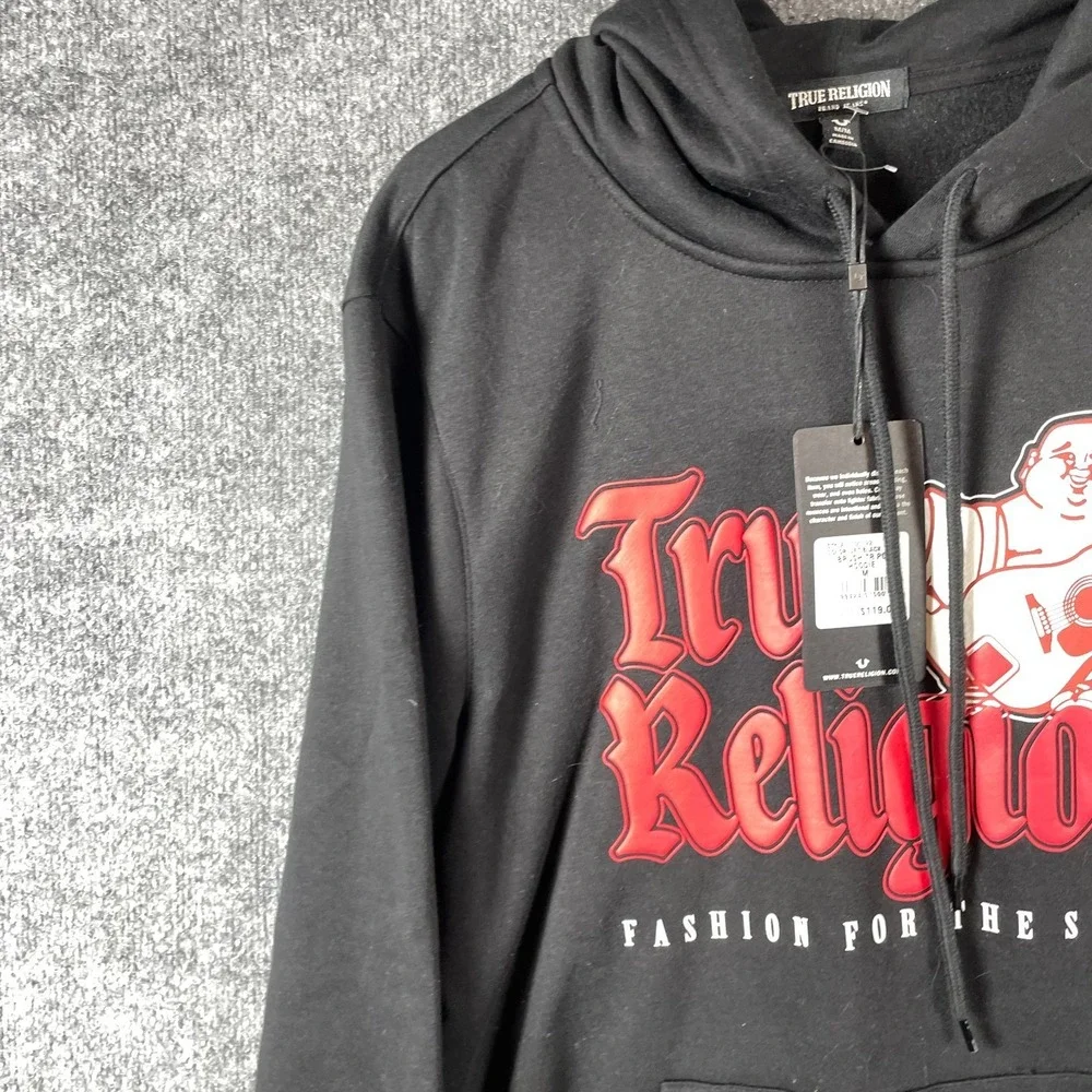 True Religion Hoodie Mens Medium Black Pullover Sweatshirt Buddha Spell Out $119